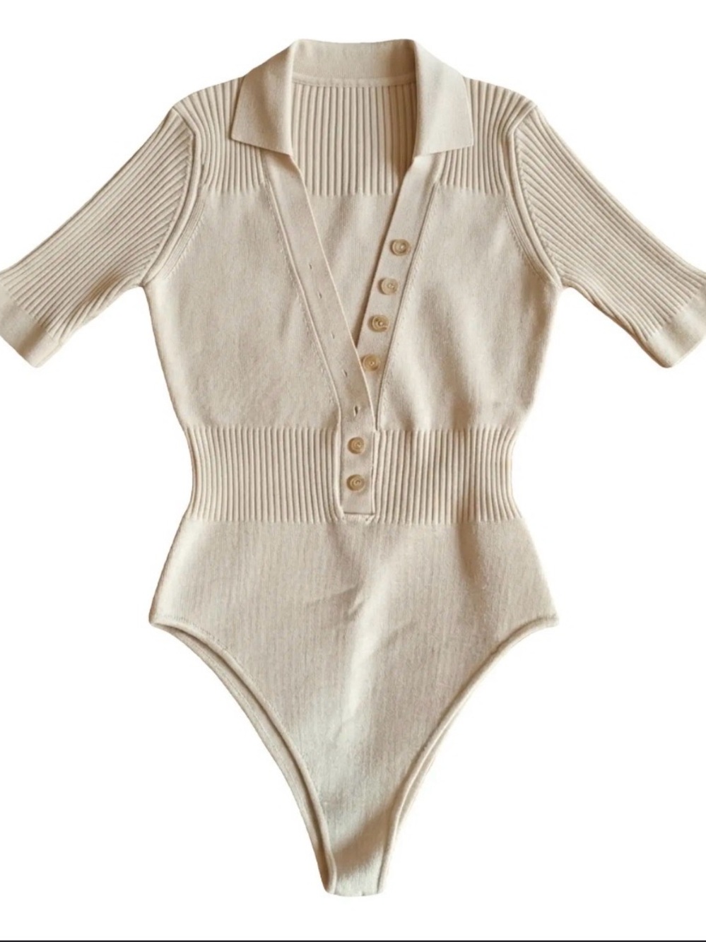 Jacquemus Cream Ribbed Polo-Style Knit Bodysuit